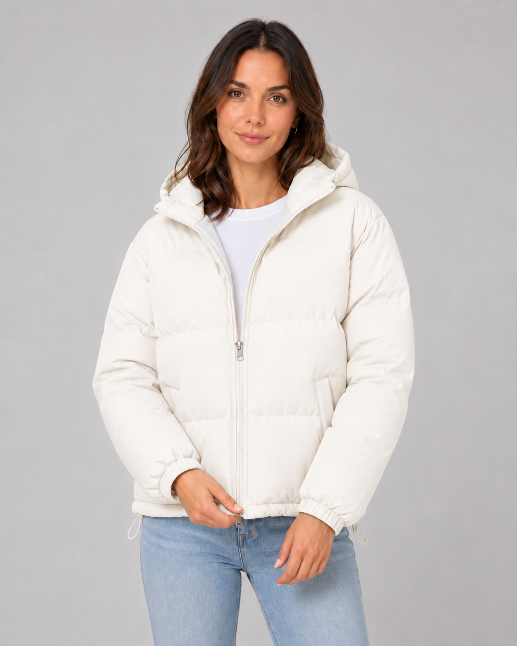 Women's Hooded Puffer Jacket with Drawstring Hem and Zip Front - Cream