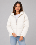 Women's Hooded Puffer Jacket with Drawstring Hem and Zip Front - Cream