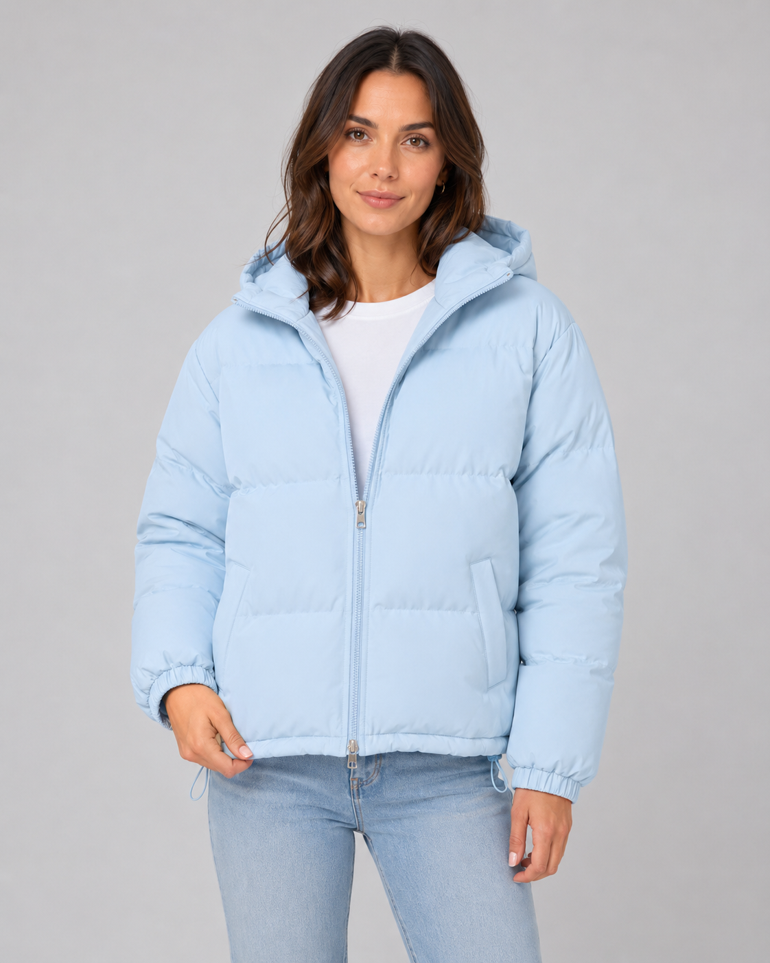 Women's Hooded Puffer Jacket with Drawstring Hem and Zip Front - Light blue