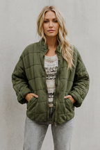 Women's Oversized Quilted Jacket with Stand Collar and Zip Front