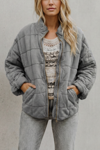 Women's Oversized Quilted Jacket with Stand Collar and Zip Front