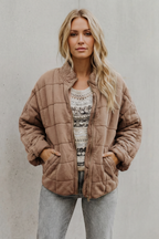 Women's Oversized Quilted Jacket with Stand Collar and Zip Front