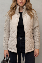 Women's Quilted Jacket with Cable Knit Sleeves and Zip Front