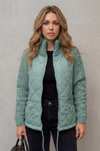 Women's Quilted Jacket with Cable Knit Sleeves and Zip Front