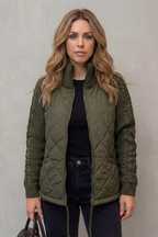 Women's Quilted Jacket with Cable Knit Sleeves and Zip Front
