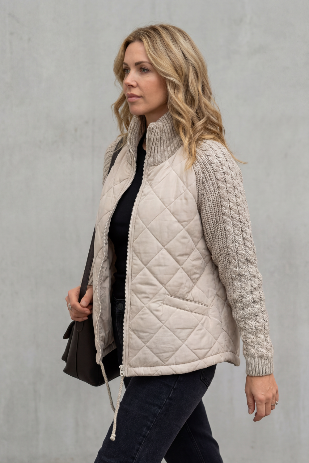 Women's Quilted Jacket with Cable Knit Sleeves and Zip Front