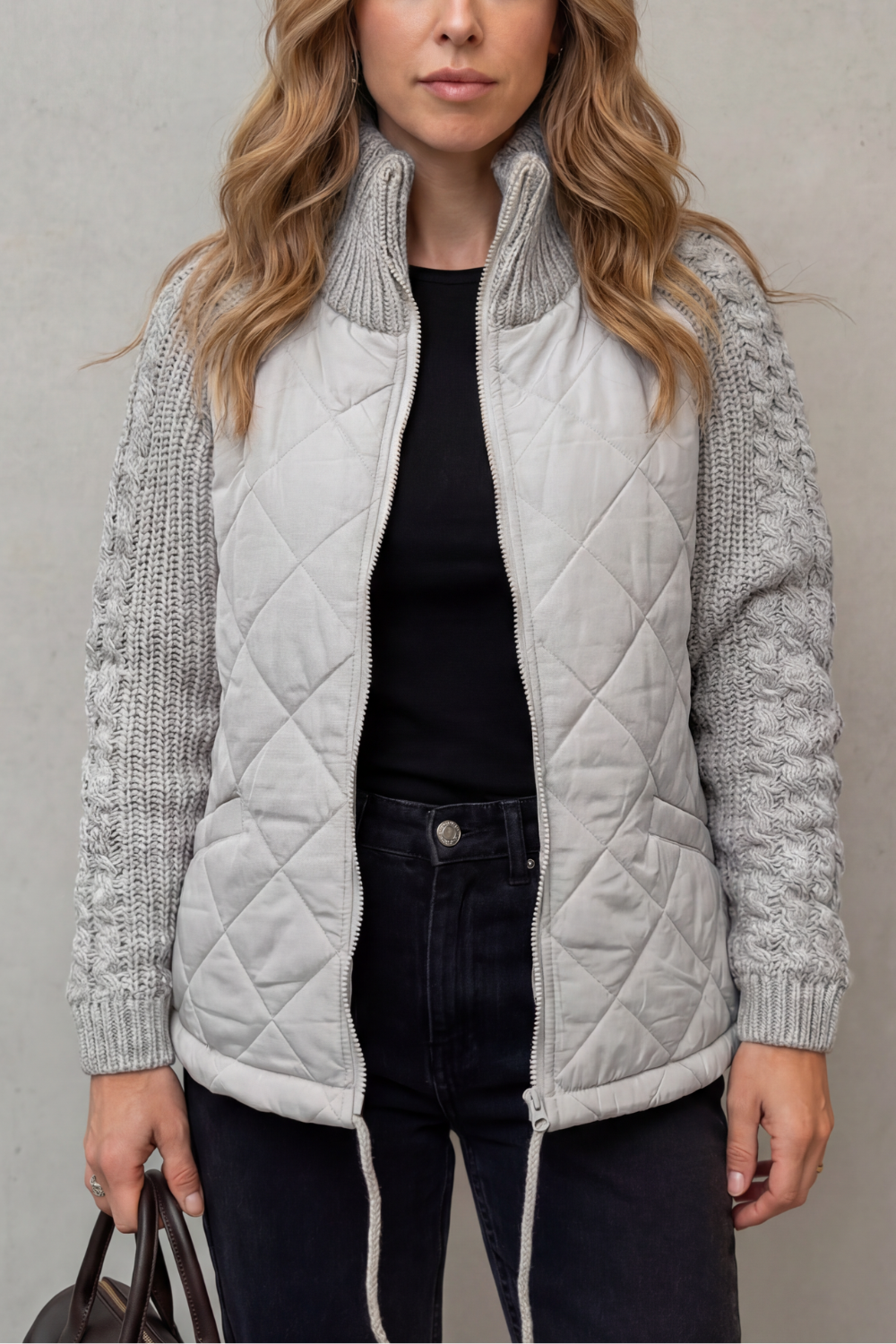 Women's Quilted Jacket with Cable Knit Sleeves and Zip Front