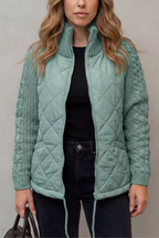 Women's Quilted Jacket with Cable Knit Sleeves and Zip Front