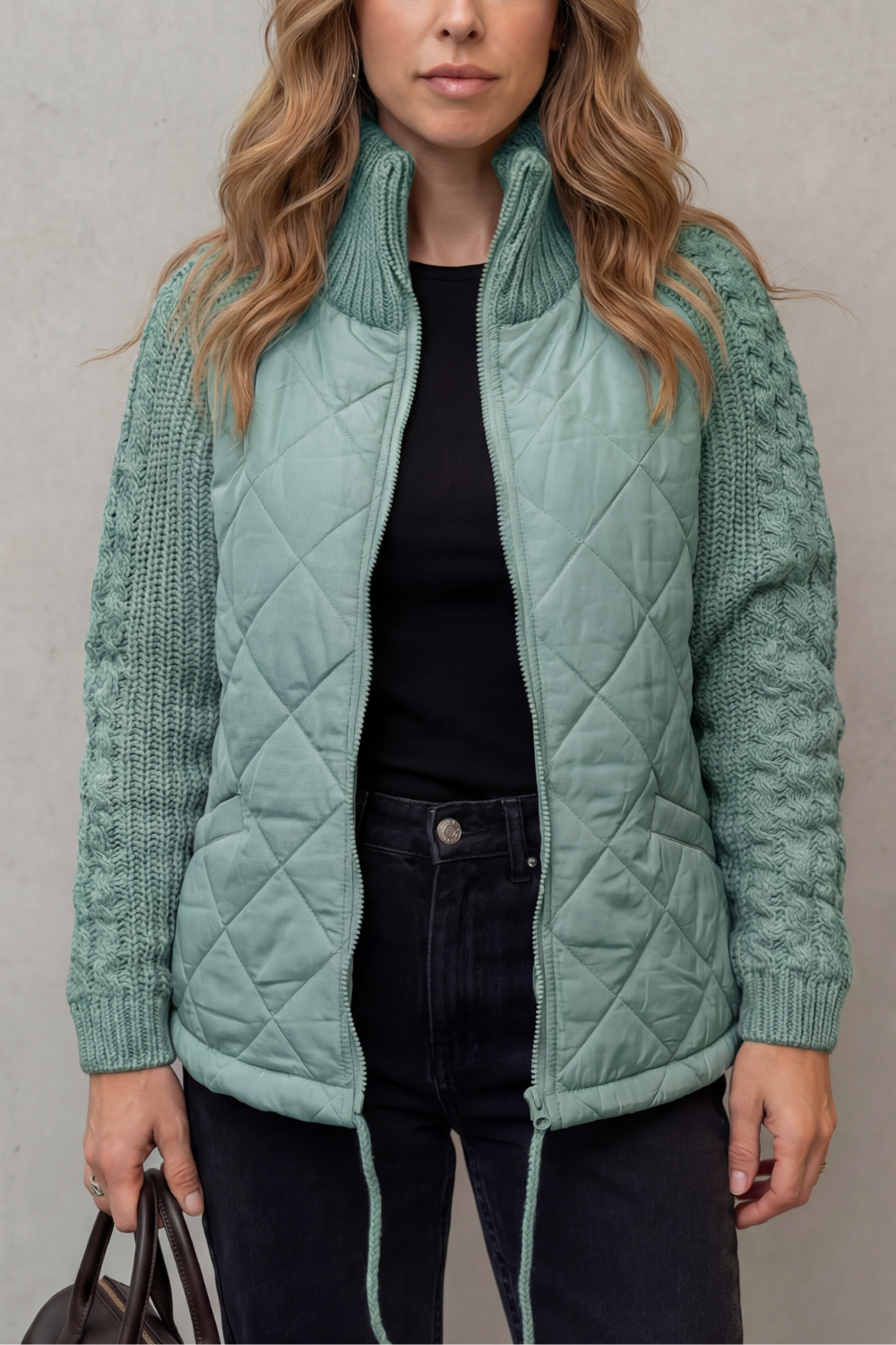 Women's Quilted Jacket with Cable Knit Sleeves and Zip Front