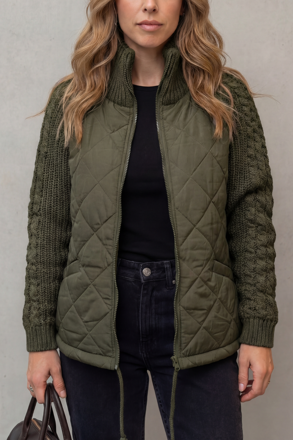 Women's Quilted Jacket with Cable Knit Sleeves and Zip Front