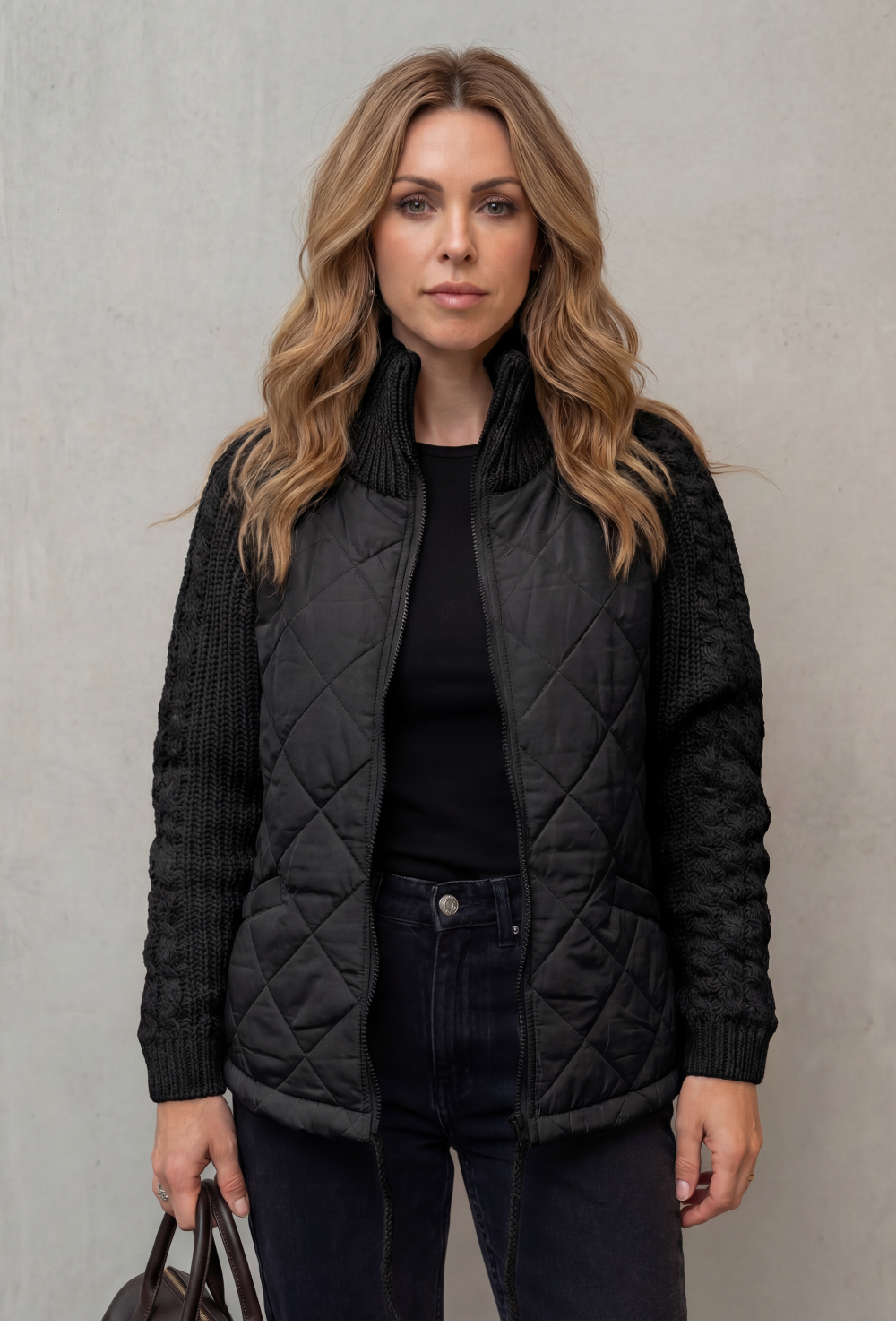 Women's Quilted Jacket with Cable Knit Sleeves and Zip Front