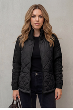 Women's Quilted Jacket with Cable Knit Sleeves and Zip Front