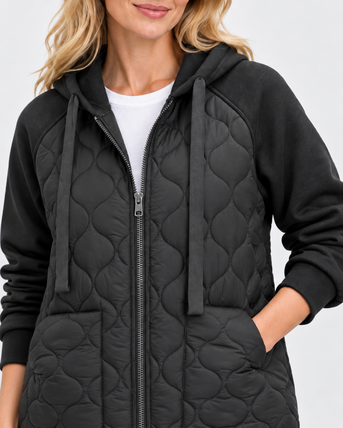 Women's Quilted Jacket with Fleece Hood and Zip Front