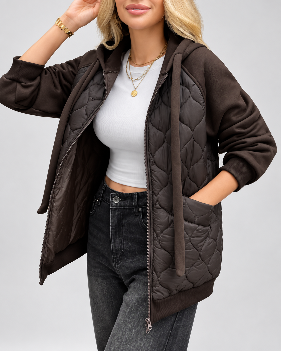 Women's Quilted Jacket with Fleece Hood and Zip Front