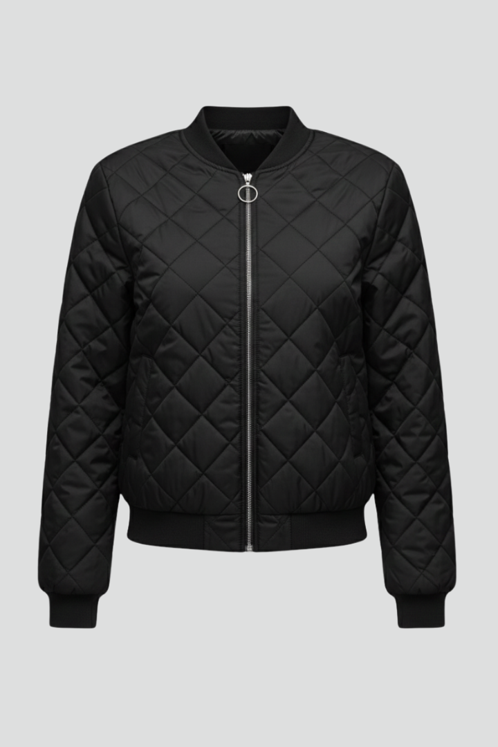 Women's Quilted Bomber Jacket with Zip Front and Pockets