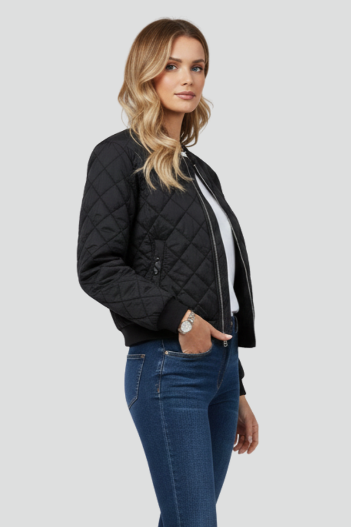 Women's Quilted Bomber Jacket with Zip Front and Pockets