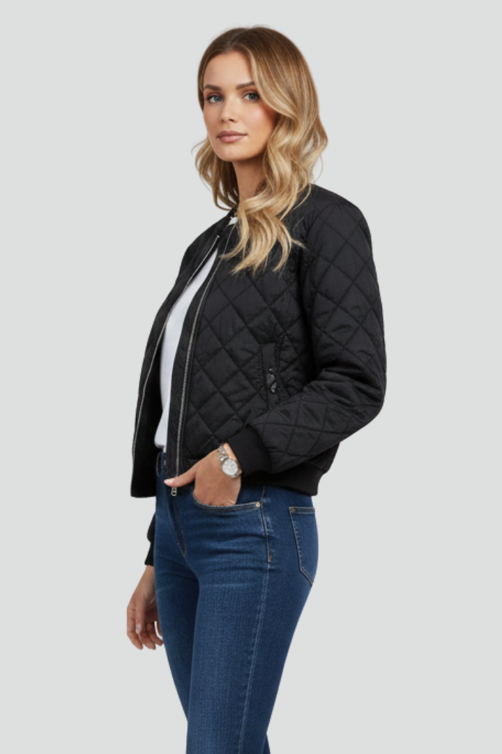 Women's Quilted Bomber Jacket with Zip Front and Pockets