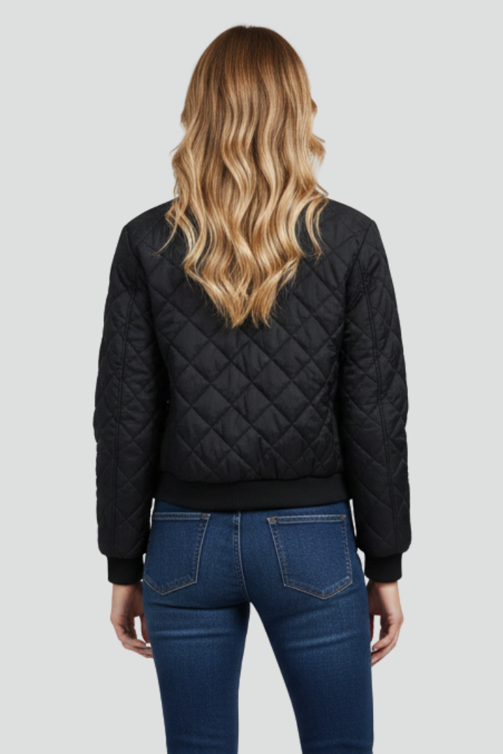 Women's Quilted Bomber Jacket with Zip Front and Pockets