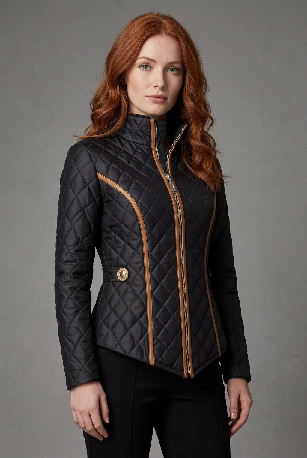 Women's Quilted Zip Up Jacket with Contrast Trim - Black