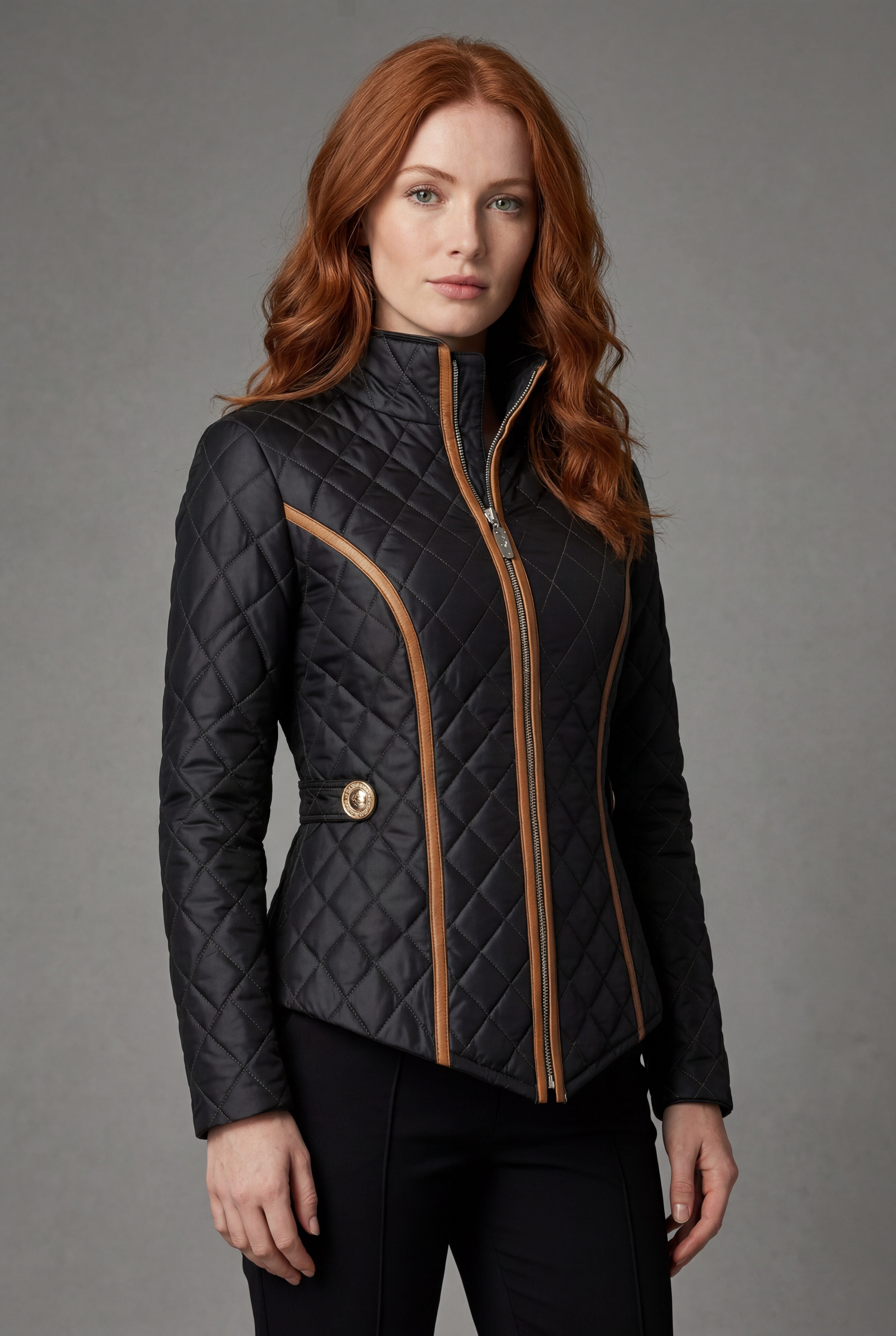 Women's Quilted Zip Up Jacket with Contrast Trim - Black