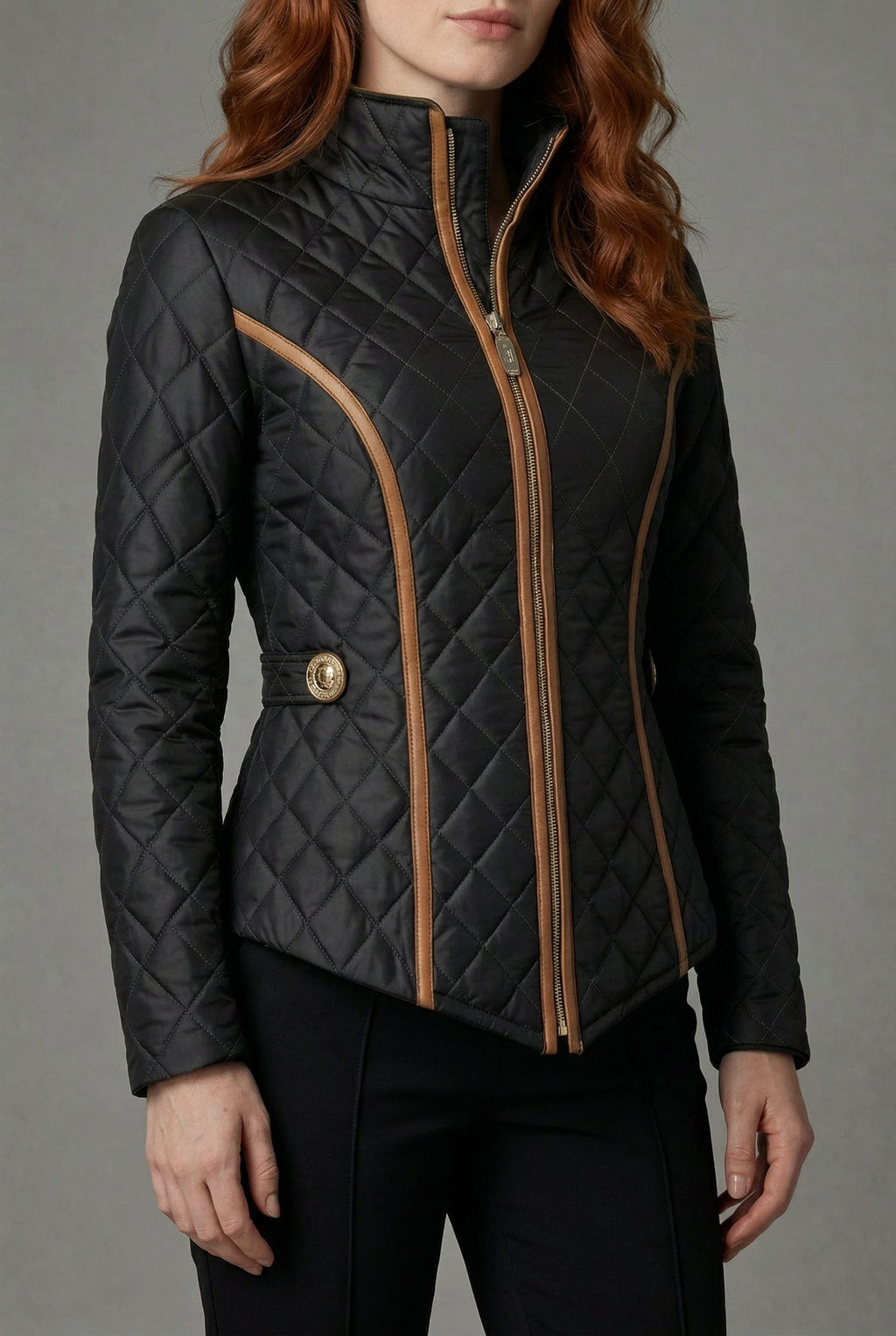 Women's Quilted Zip Up Jacket with Contrast Trim - Black