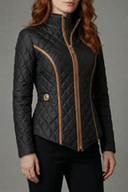 Women's Quilted Zip Up Jacket with Contrast Trim - Black