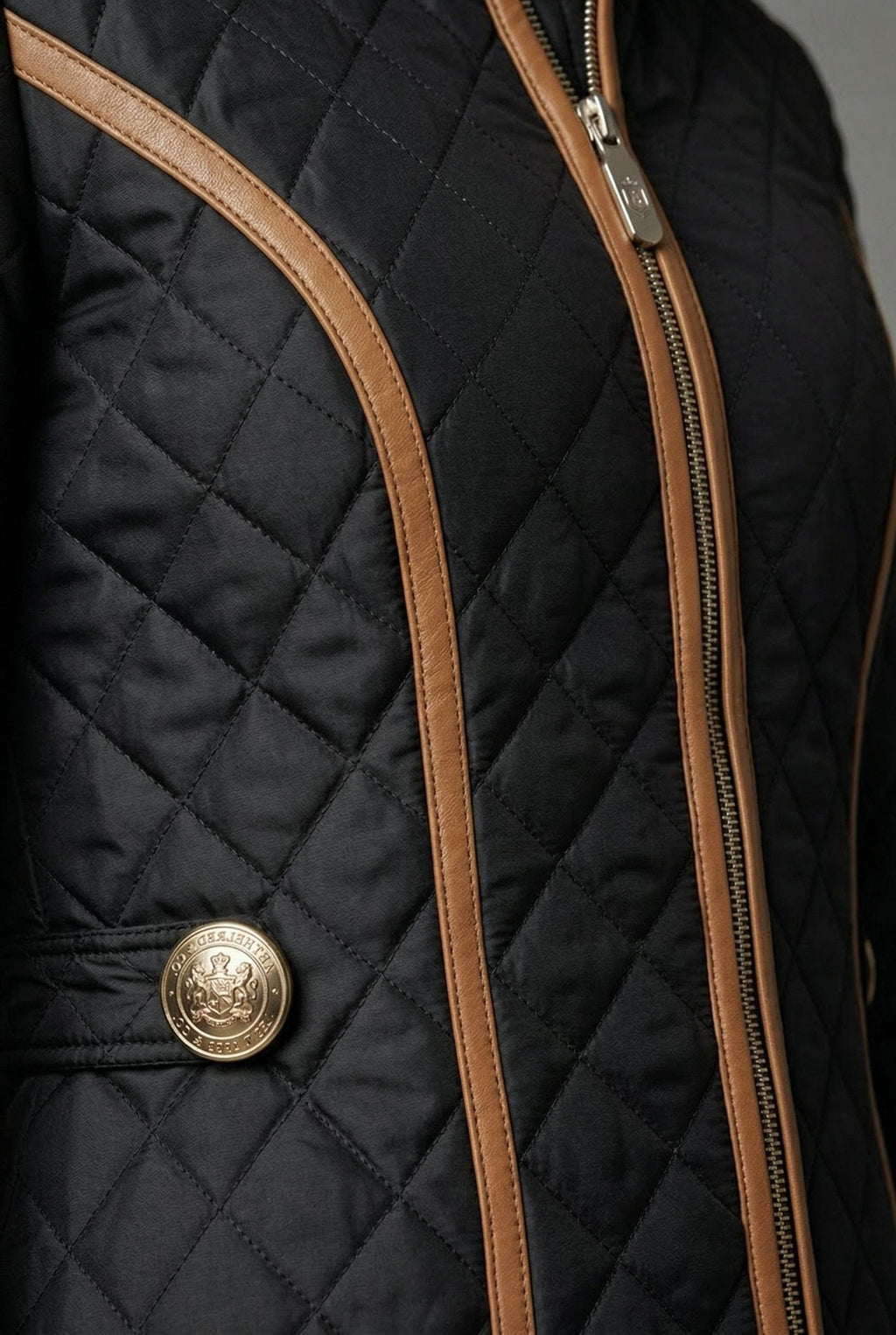 Women's Quilted Zip Up Jacket with Contrast Trim - Black
