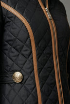 Women's Quilted Zip Up Jacket with Contrast Trim - Black