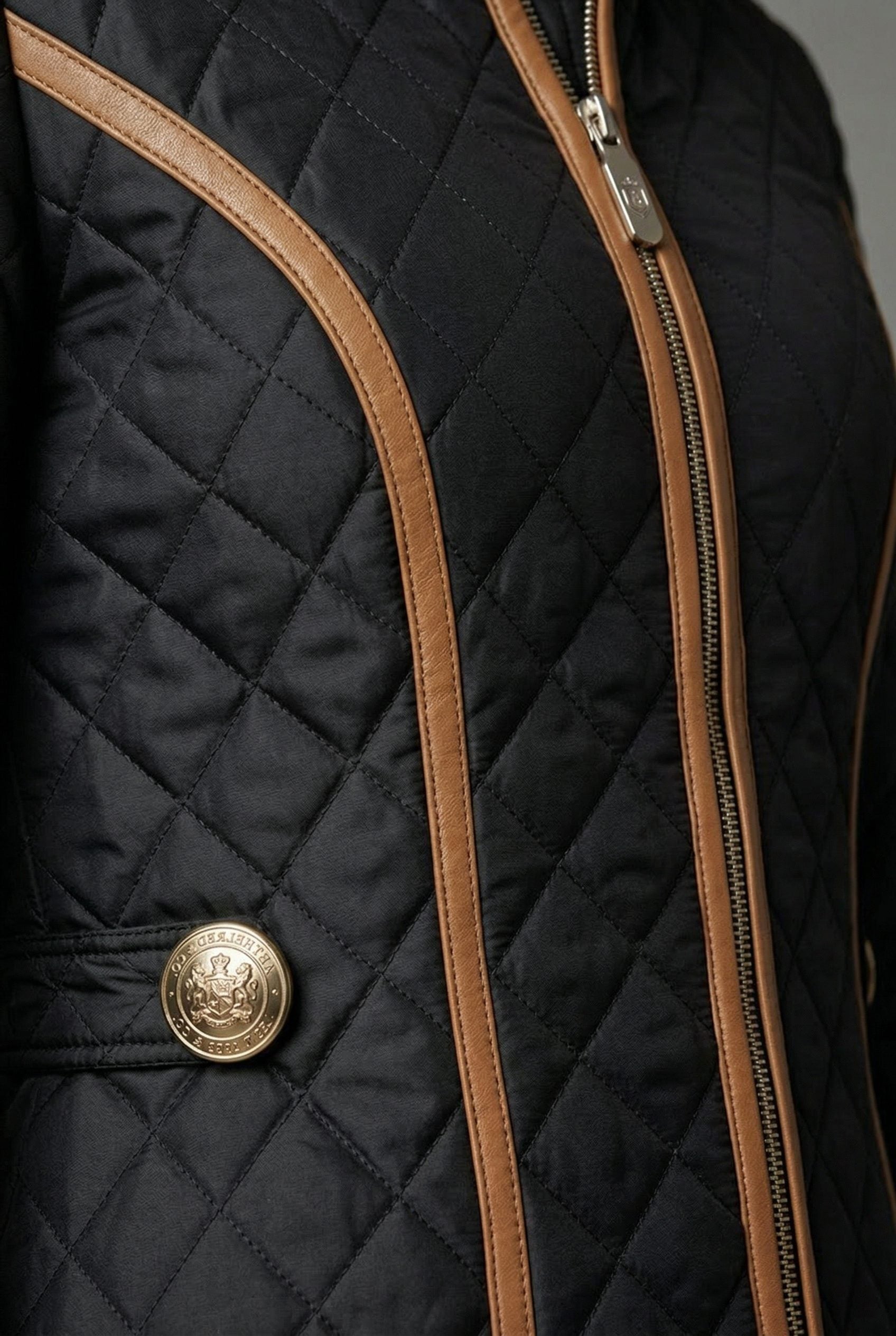 Women's Quilted Zip Up Jacket with Contrast Trim - Black