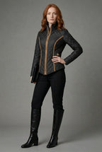 Women's Quilted Zip Up Jacket with Contrast Trim - Black