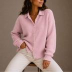 Women's Ribbed Knit Cardigan with Collar and Button Front