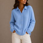 Women's Ribbed Knit Cardigan with Collar and Button Front