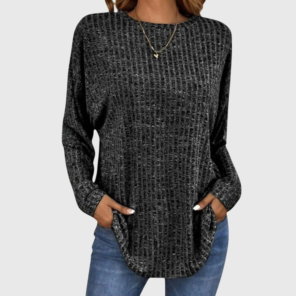Women's Ribbed Knit Long Sleeve Top with Round Neck and Relaxed Fit