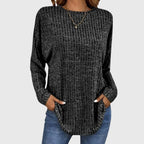 Women's Ribbed Knit Long Sleeve Top with Round Neck and Relaxed Fit