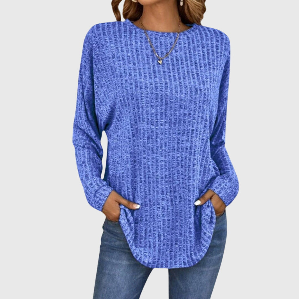 Women's Ribbed Knit Long Sleeve Top with Round Neck and Relaxed Fit