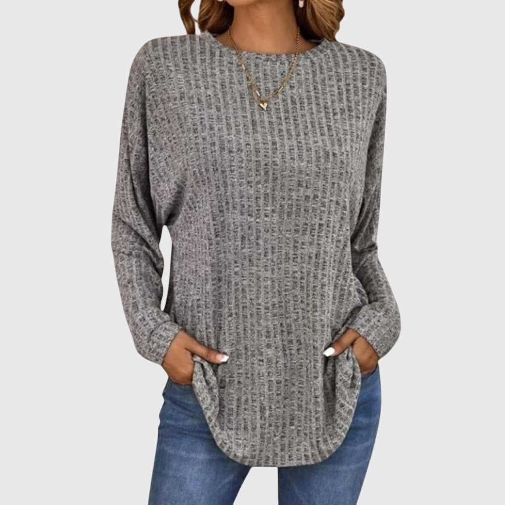 Women's Ribbed Knit Long Sleeve Top with Round Neck and Relaxed Fit