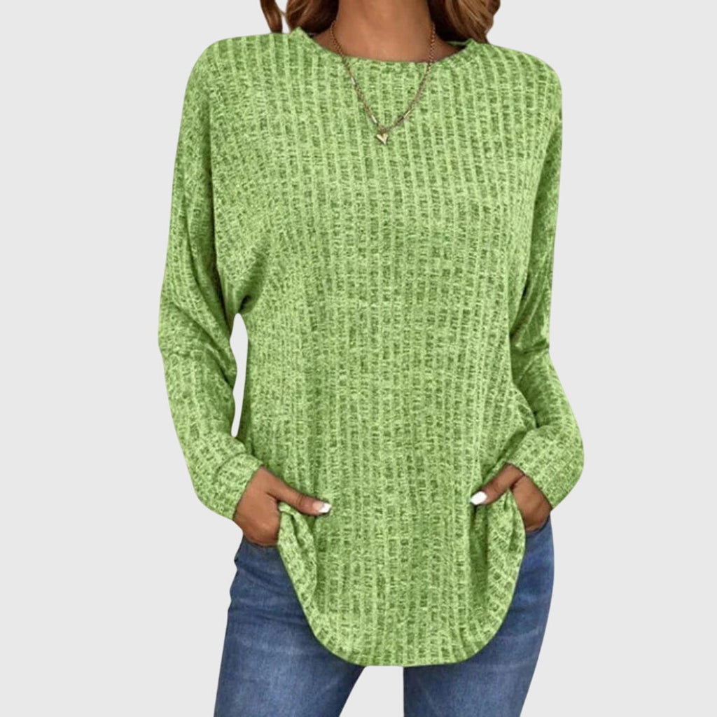 Women's Ribbed Knit Long Sleeve Top with Round Neck and Relaxed Fit