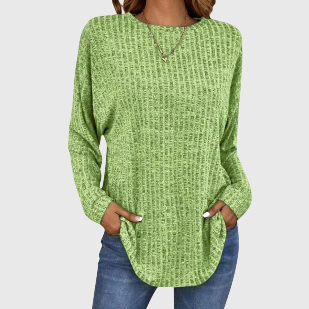 Women's Ribbed Knit Long Sleeve Top with Round Neck and Relaxed Fit