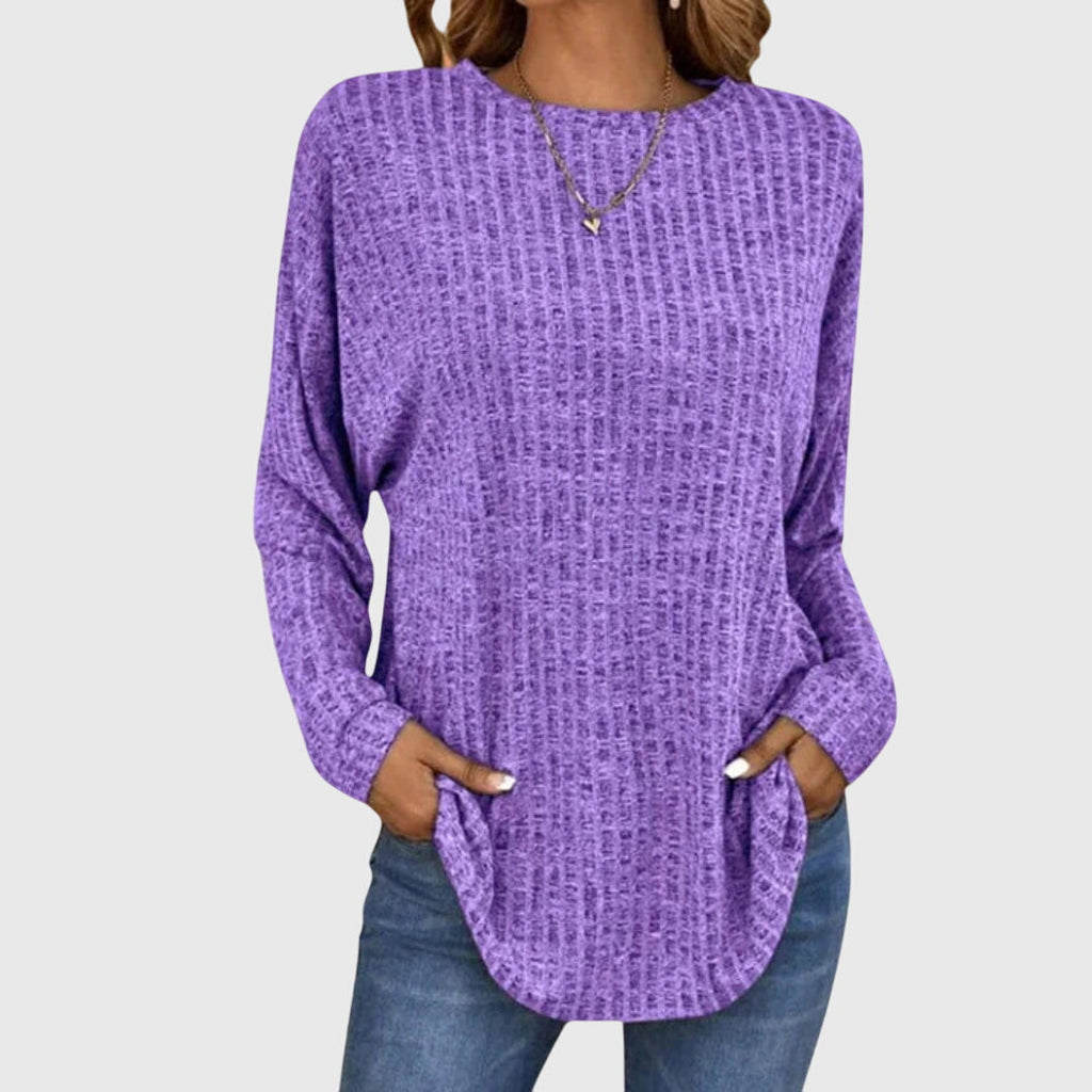 Women's Ribbed Knit Long Sleeve Top with Round Neck and Relaxed Fit