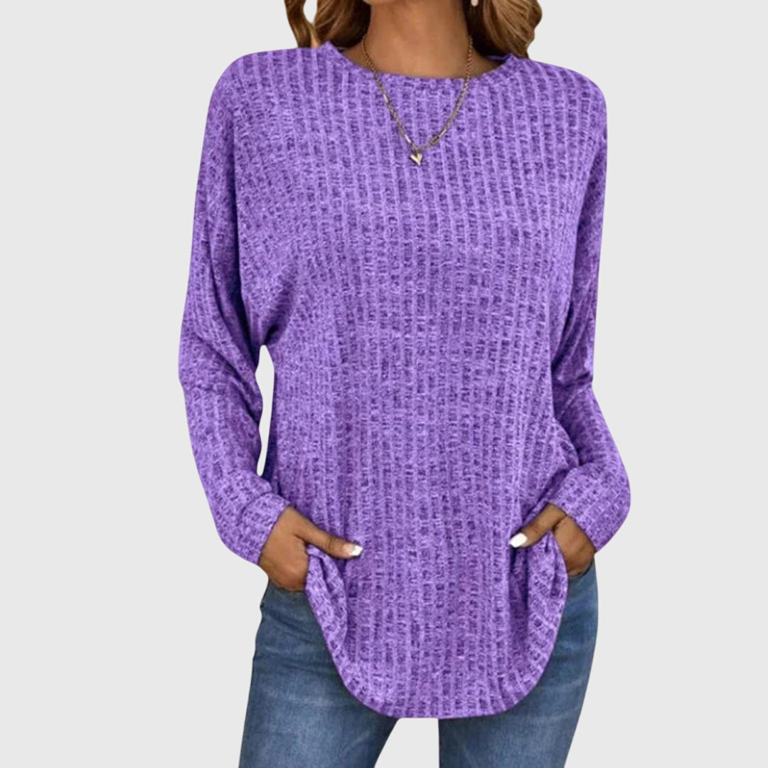 Women's Ribbed Knit Long Sleeve Top with Round Neck and Relaxed Fit