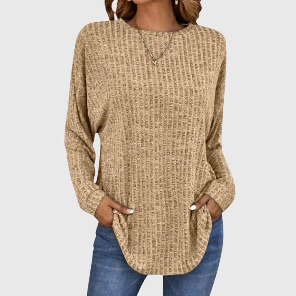 Women's Ribbed Knit Long Sleeve Top with Round Neck and Relaxed Fit