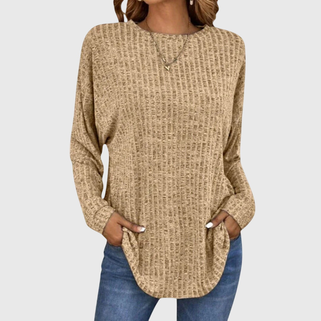Women's Ribbed Knit Long Sleeve Top with Round Neck and Relaxed Fit
