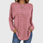 Women's Ribbed Knit Long Sleeve Top with Round Neck and Relaxed Fit