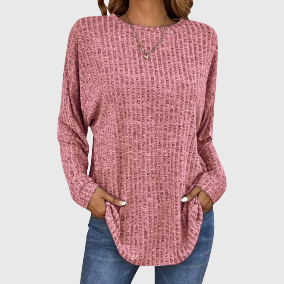 Women's Ribbed Knit Long Sleeve Top with Round Neck and Relaxed Fit