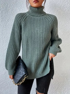 Women's Chunky Knit Turtleneck Jumper with Side Split