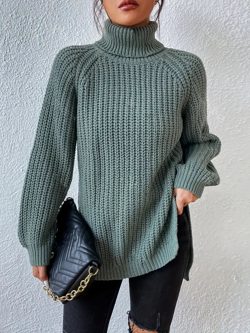 Women's Chunky Knit Turtleneck Jumper with Side Split