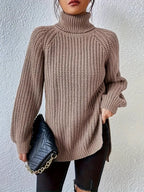 Women's Chunky Knit Turtleneck Jumper with Side Split