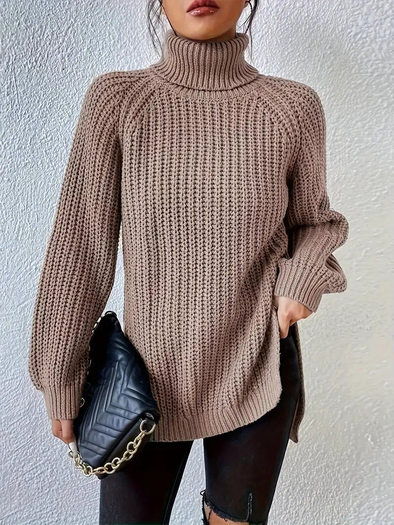 Women's Chunky Knit Turtleneck Jumper with Side Split