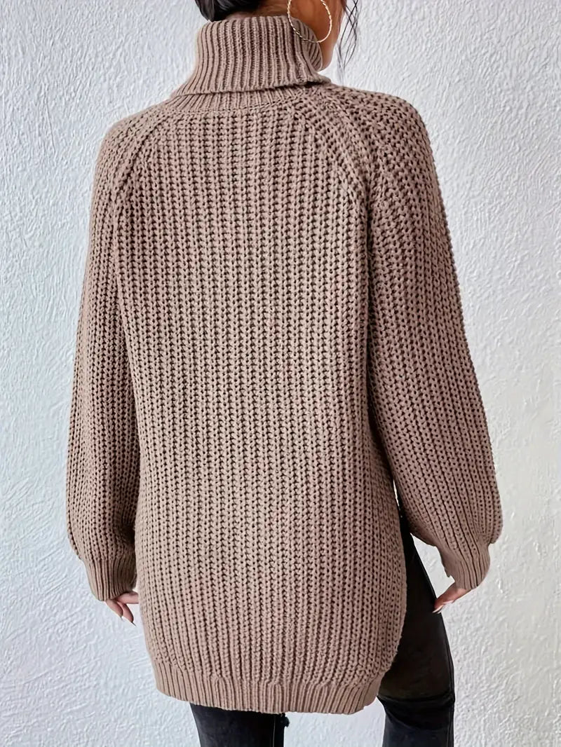 Women's Chunky Knit Turtleneck Jumper with Side Split