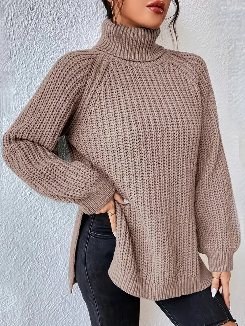 Women's Chunky Knit Turtleneck Jumper with Side Split